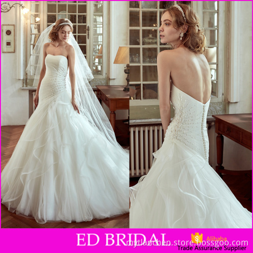 Latest Design JU2208 Strapless Sleeveless Tulle Pearls Beaded Wedding Dress 2016 Mermaid